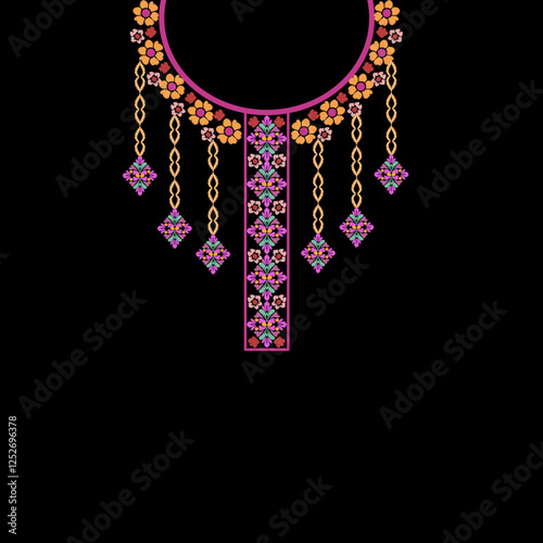 Orange and pink flower necklace with precious stones. Embroidery pattern on a black background. Vector element for design shirt pattern, lace, collar, bead decoration.