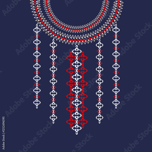 Red and white ethnic boho ornament. Embroidery on fabric. Vector illustration. Design for shirt pattern, collar, neckline, and bead decoration.