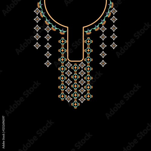 Orange ikat embroidery necklace. Vector element on a black background. Design for shirt pattern, lace, collar, and bead decoration.