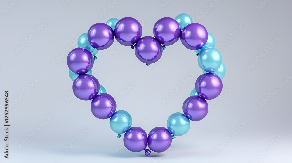 A heart shape made of purple and blue balloons, symbolizing love and celebration, set against a simple background. A heart shape made of purple and blue balloons, symbolizing love and celebration, set against a simple background.