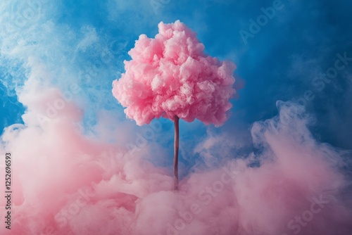 Majestic pink tree surrounded by colorful mist in an ethereal landscape