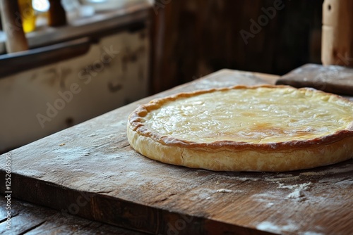 Freshly baked cheesecake resting on a wooden board in a rustic kitchen