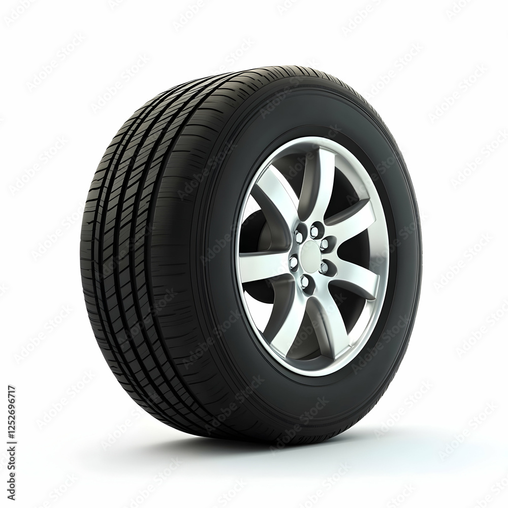 Silver alloy wheel with tire, studio shot, white background, automotive part Silver alloy wheel with tire, studio shot, white background, automotive part