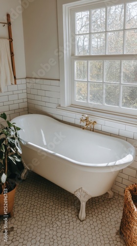Cozy vintage bathroom with natural light and greenery view during daytime
