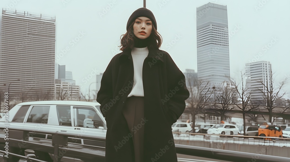 Elegant well dressed woman strolling through the bustling streets of a modern city surrounded by towering skyscrapers on an overcast chilly winter day  She appears thoughtful and reserved