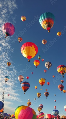 Girl gazes at colorful balloons floating in a bright blue sky on a sunny day