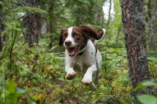 Dog joyfully runs through a wooded area during a sunny day in autumn