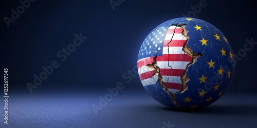 Sphere showing us and eu flags breaking apart symbolizing trade wars