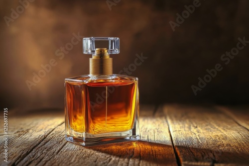 Elegant glass perfume bottle glows on dark wooden surface under soft light
