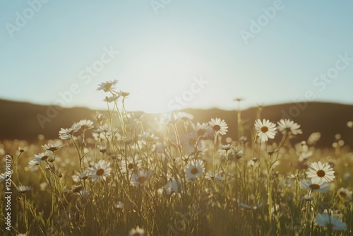 Sunlight glimmers over a field of daisies in an urban park during a sunny day