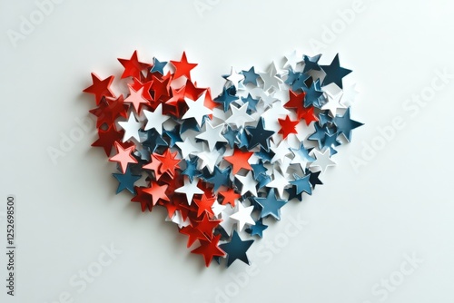 Colorful star-shaped decorations arranged in heart shape on blue background f...