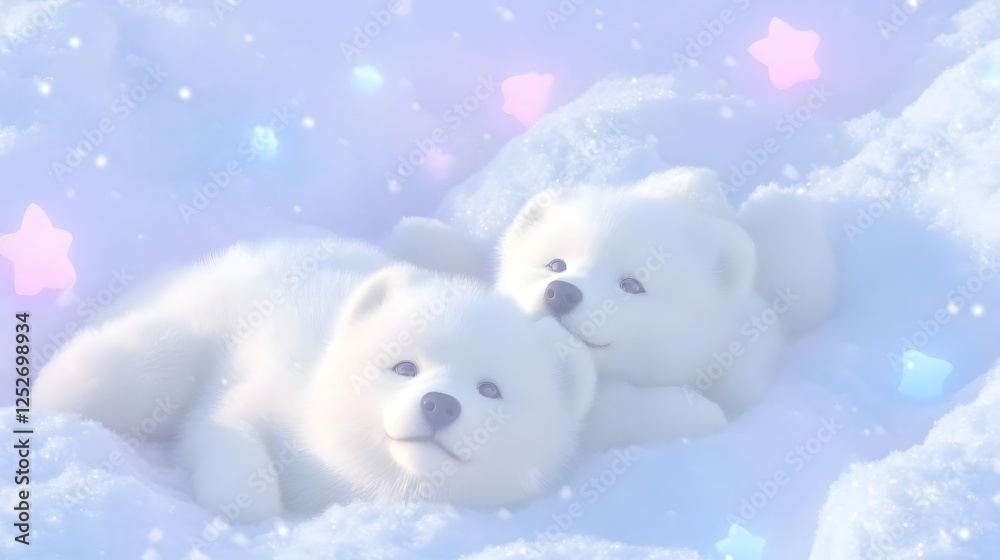 Two fluffy Samoyed dogs happily frolicking and running through a snowy winter field capturing the pure joy and energy of these playful Arctic bred canines Two fluffy Samoyed dogs happily frolicking and running through a snowy winter field capturing the pure joy and energy of these playful Arctic bred canines