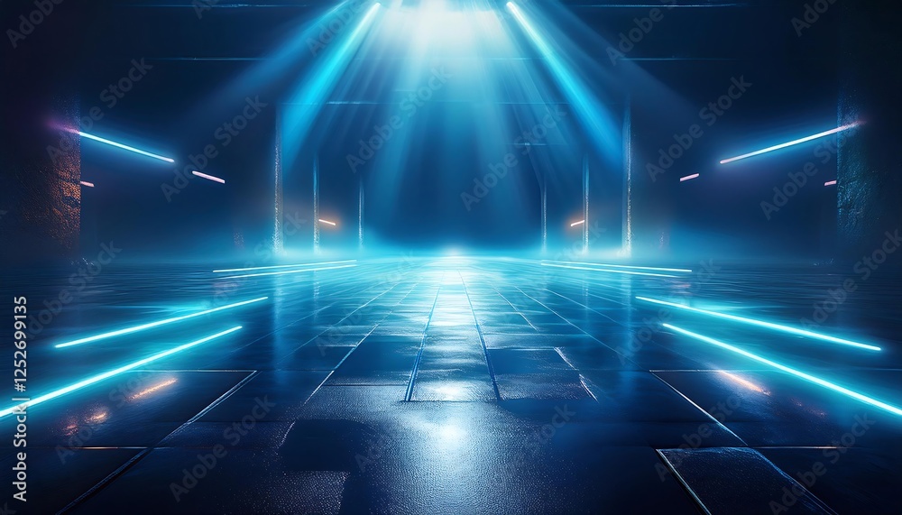 Dark street, wet asphalt, reflections of rays in the water. Abstract dark blue background, smoke, smog. Empty dark scene, neon light, spotlights. Concrete floor Dark street, wet asphalt, reflections of rays in the water. Abstract dark blue background, smoke, smog. Empty dark scene, neon light, spotlights. Concrete floor