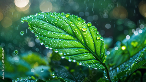 Fresh green leaf with raindrops creating a natural dew effect capturing the essence of freshness and purity perfect for nature inspired designs and environmental concepts photo