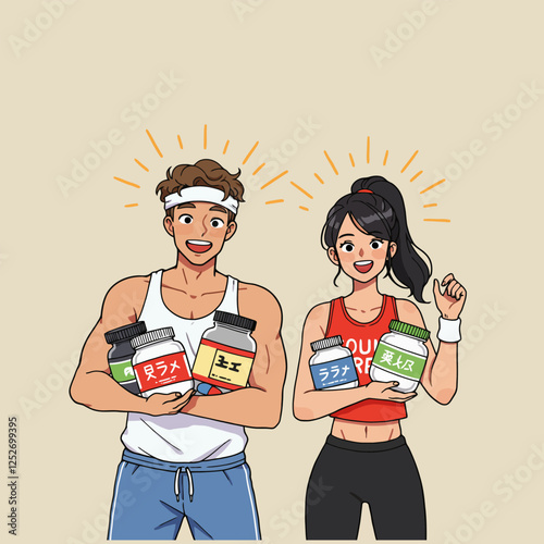 Happy Couple Holding Fitness Supplements Cartoon Illustration