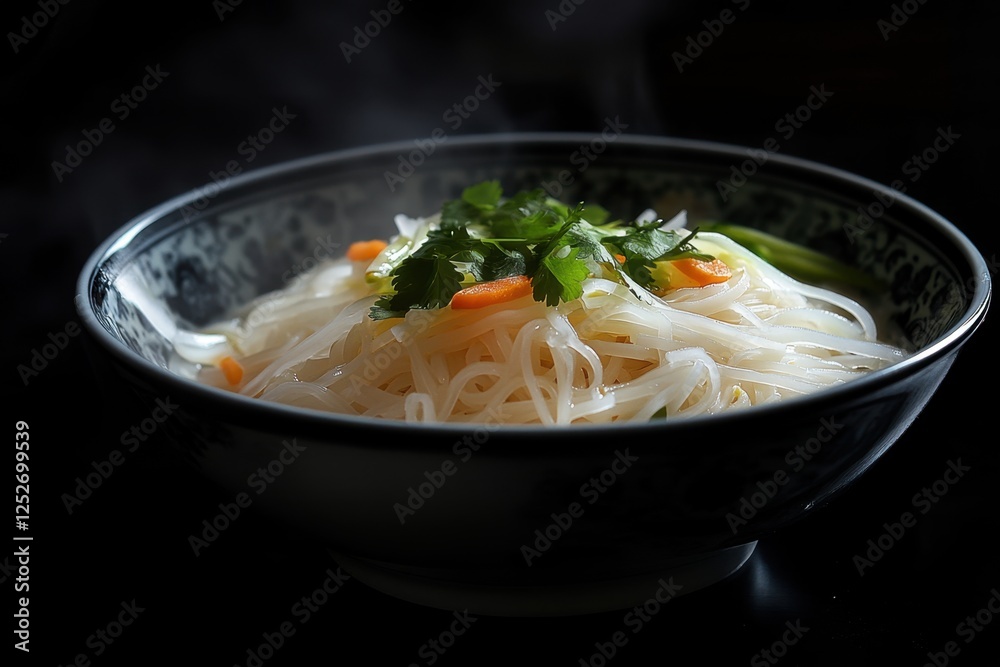 Steaming bowl of asian noodle soup garnished with fresh cilantro Steaming bowl of asian noodle soup garnished with fresh cilantro