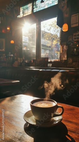 Warm coffee cup resting on wooden table in a sunlit cafe with greenery and wi...