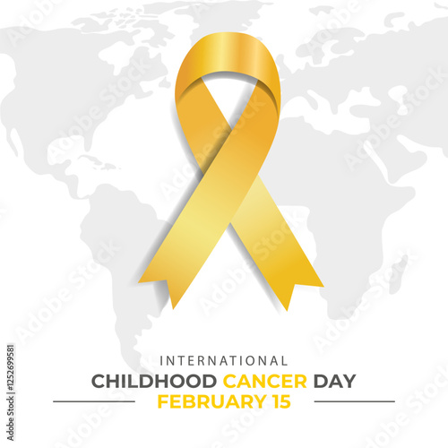 Childhood Cancer Day Vector Illustration. Poster with Yellow 3D Ribbon and World Map for International Childhood Cancer Day, Celebrated on February 15th. Poster with Golden Bow and Modern Trendy Text.