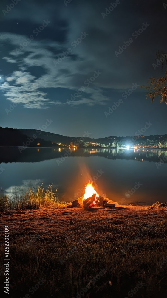 Obraz premium Campfire by the lake under the evening sky in the mountains