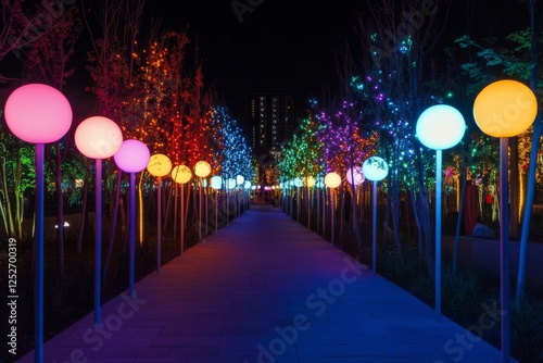 Colorful light tunnel in an underground passage with vibrant illumination eff...