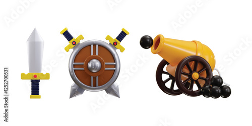 War weapon icon 3d render on Canon gun with fireball, Sword with metal shield icon vector illustration