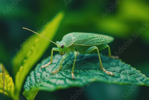 Bright green beetles cluster on leafy plant under natural light in a lush env...