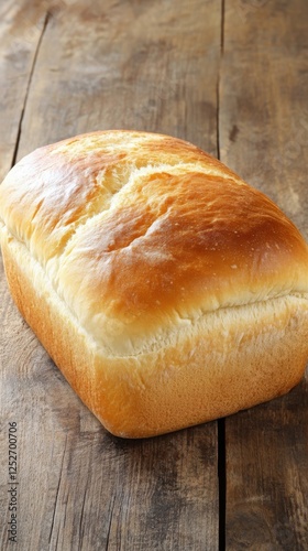 Freshly baked loaf of bread on wooden table in kitchen setting