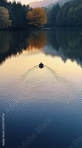 Serenity in nature with ripples on calm water and a distant boat at dawn