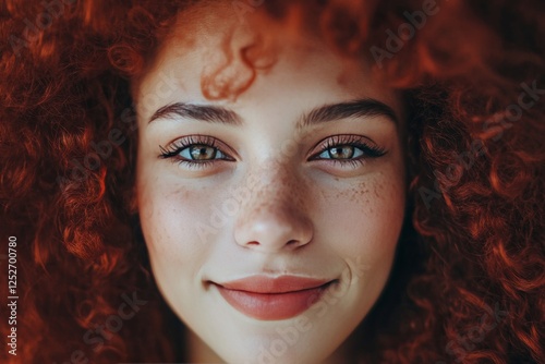 Portrait of a young woman with vibrant red curly hair and captivating green e...