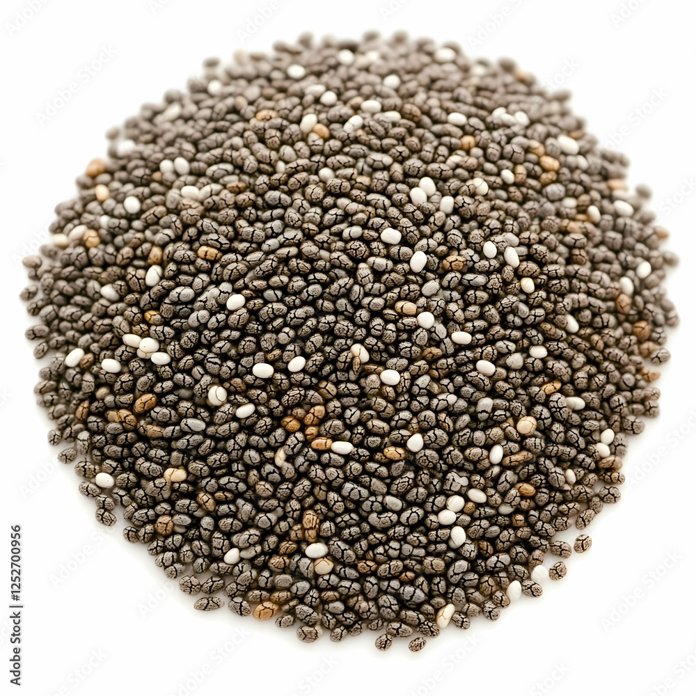 Chia seeds pile, healthy food, white background Chia seeds pile, healthy food, white background
