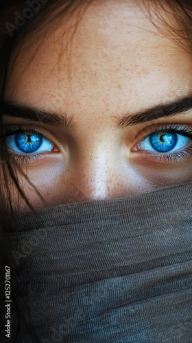 Portrait of a young woman with striking blue eyes and natural makeup in a dar...