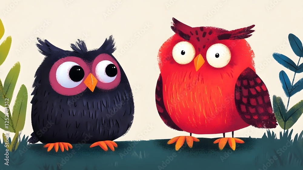 Fototapeta premium A pair of wise owls perched gracefully on tree branches in a serene forest setting conveying a sense of intelligence contemplation and academic