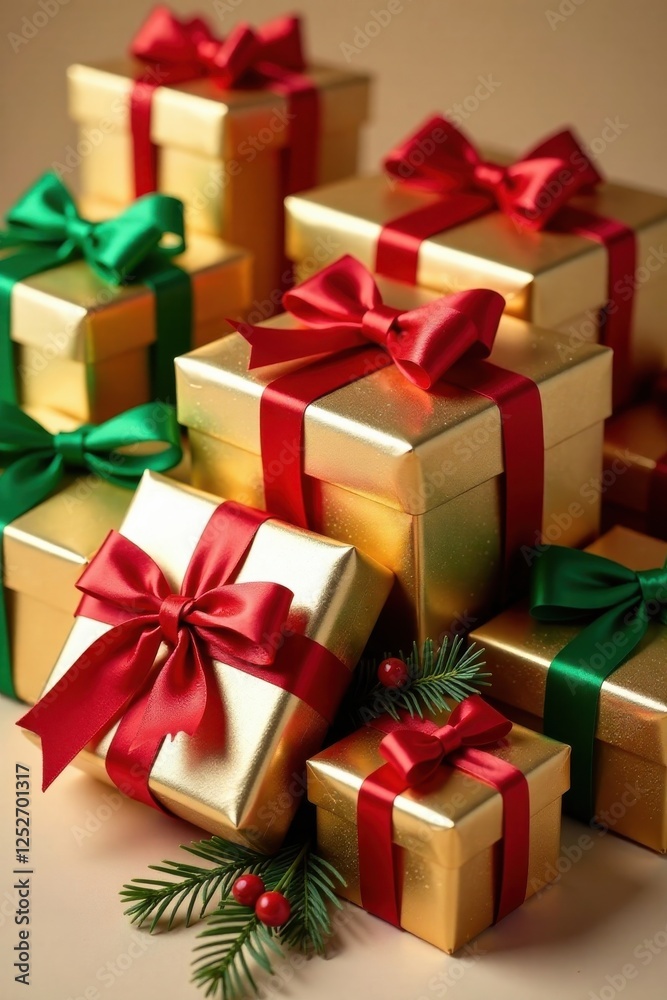 Obraz premium A Festive Collection of Gold Wrapped Presents with Red and Green Ribbons, Decorated with Holly Berries and Pine Sprigs