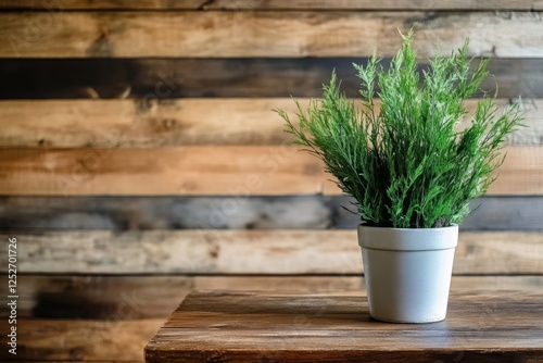 Green potted plant on wooden table against rustic wall background in natural ...