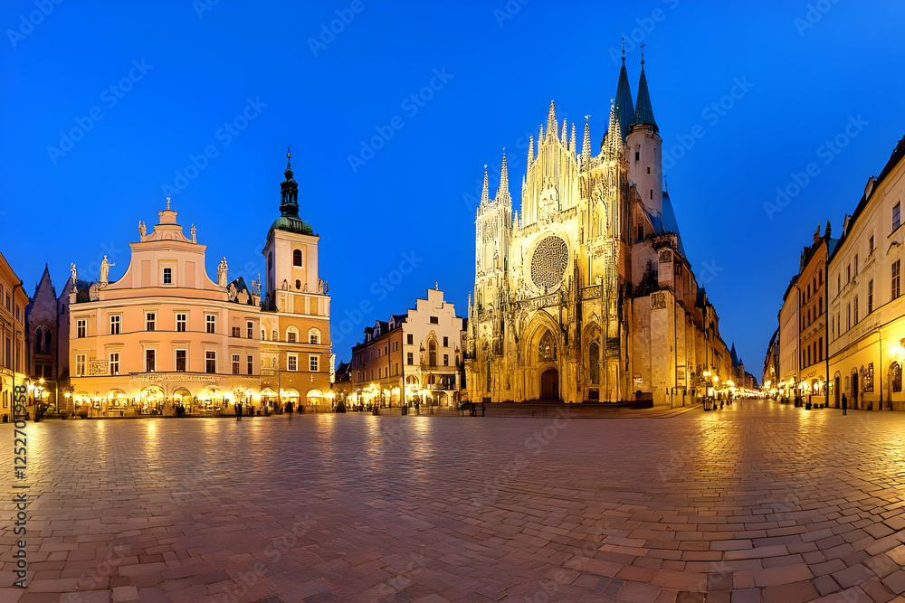 Fototapeta premium Night Cityscape: Illuminated Cathedral and Town Square