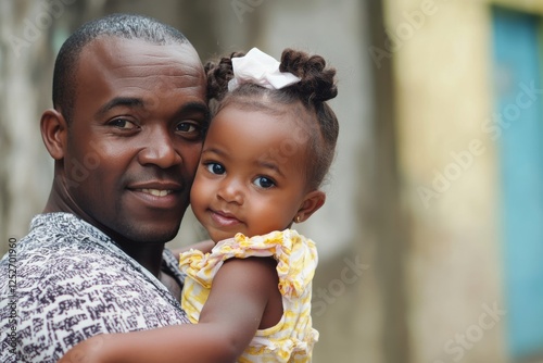 Father and daughter share a joyful moment outdoors in a vibrant community set...