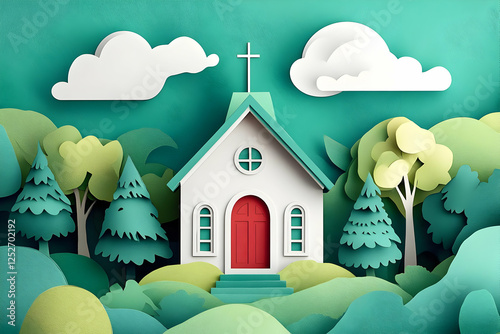 Paper Cut Church 3D Illustr...