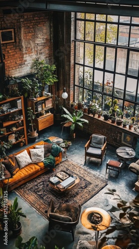 Cozy indoor garden with natural light and comfortable seating in a plant-fill...
