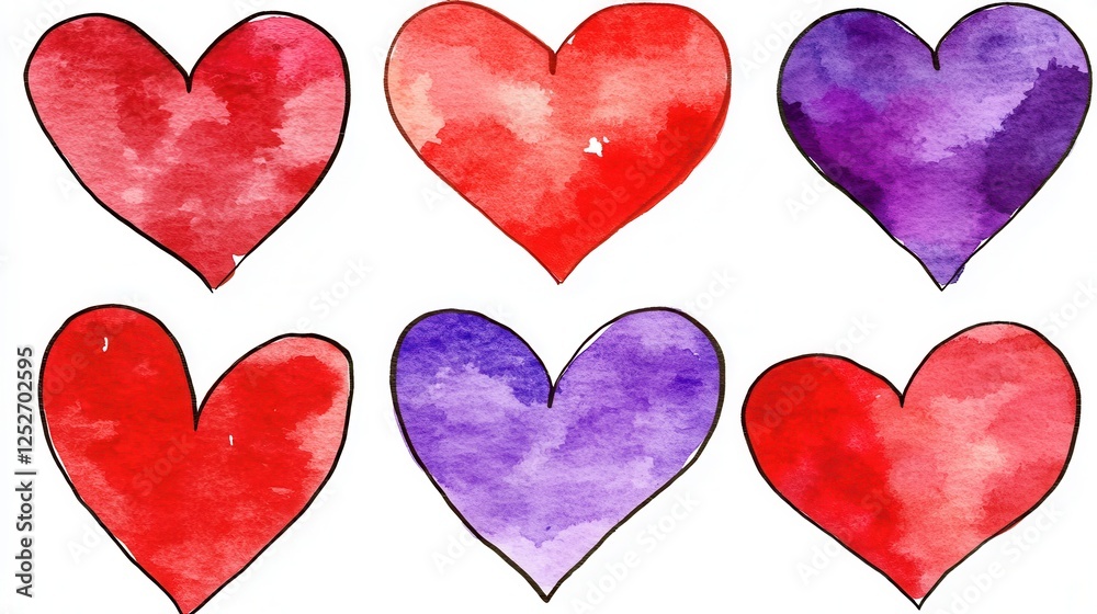 Obraz premium Set Of Watercolor Hearts In Red And PurpleWith Various Shades Of Red And Purple Colors With Soft