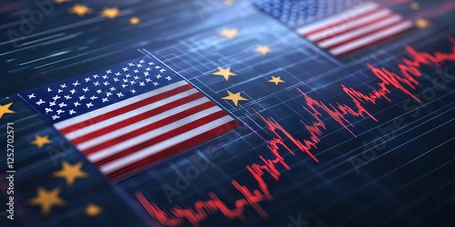 United states and european union flags over falling red graph showing trade wars
