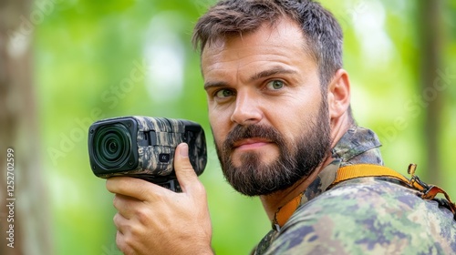 Focused Young Man with Camera in Nature Surrounded by Greenery photo