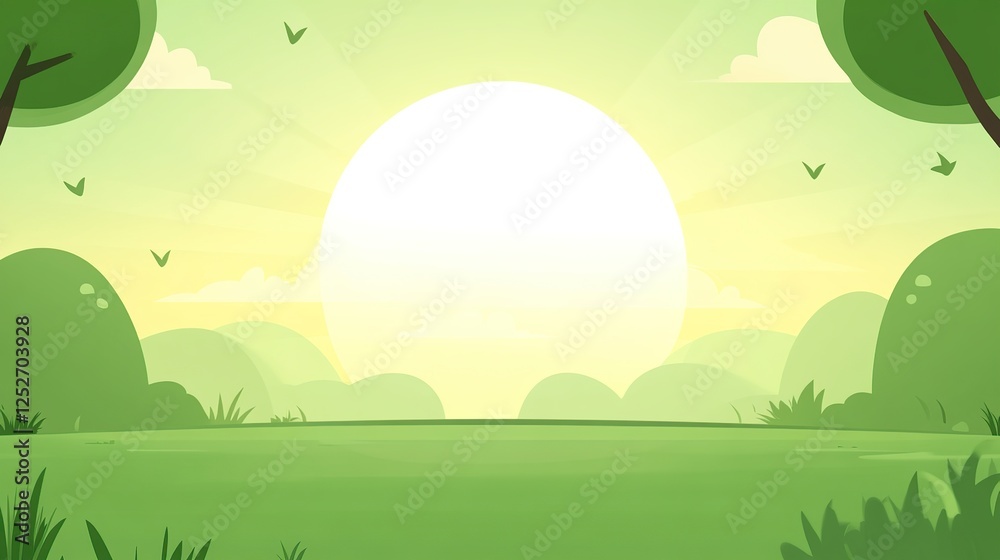 Obraz premium Sunrise over green park, birds flying, hills background, nature scene