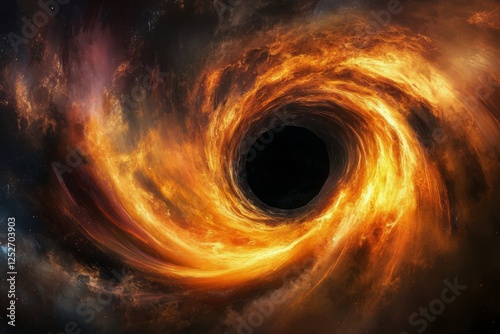 Stunning view of a black hole swirling with bright flames and cosmic energy i...