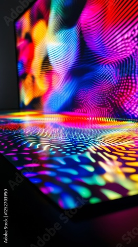 Colorful geometric display showcasing vibrant lights and patterns in a modern...
