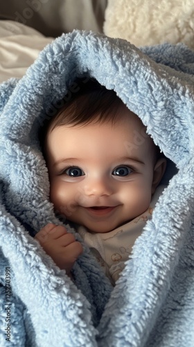 Baby wrapped in cozy blue blanket with bright smile at home in the morning light