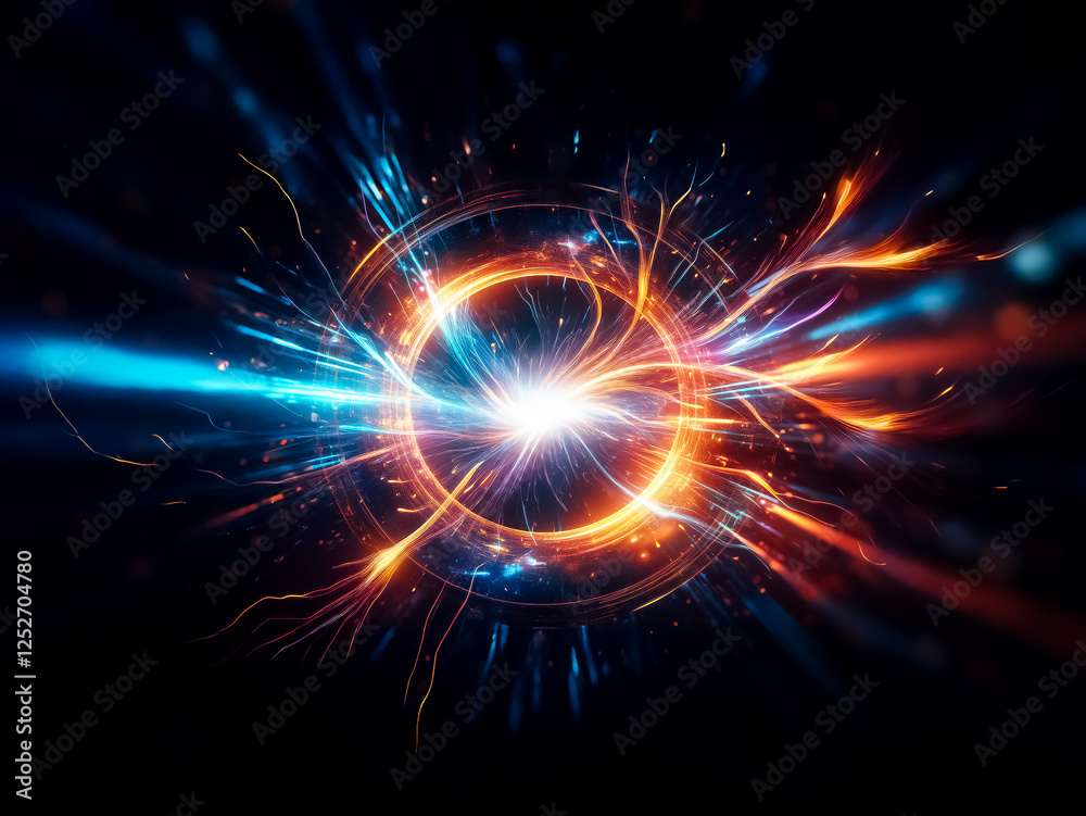 Obraz premium A vibrant, swirling energy ring, glowing orange and blue, emits intense light streaks against a dark background, suggesting a portal or wormhole through space. The image evokes feelings of speed, pow