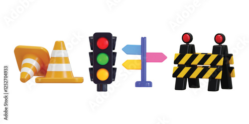 Traffic controller icon 3d render of traffic cone, traffic light and road barrier icon on construction industry tools icon vector illustration