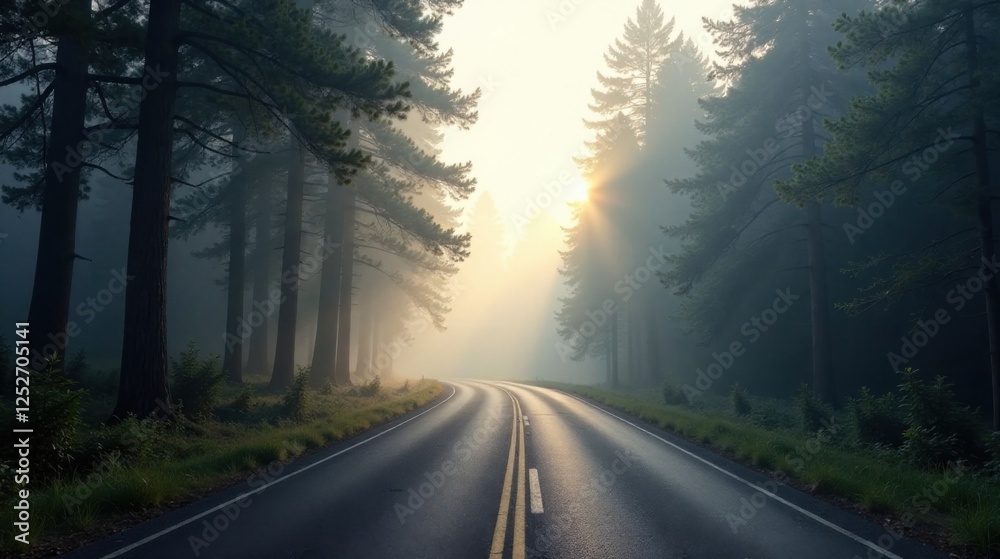 Fototapeta premium Serene Morning Drive Through a Misty Pine Forest, Sunlight Illuminating the Path Ahead