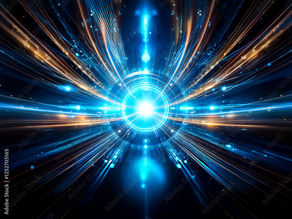 Fototapeta premium A futuristic, glowing circular portal with blue energy streaks radiating outwards against a dark background. The image evokes speed, technology, and otherworldly travel.
