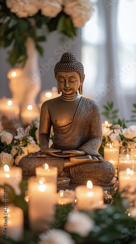 Serenity and peace captured in a tranquil Buddha setting surrounded by flower...
